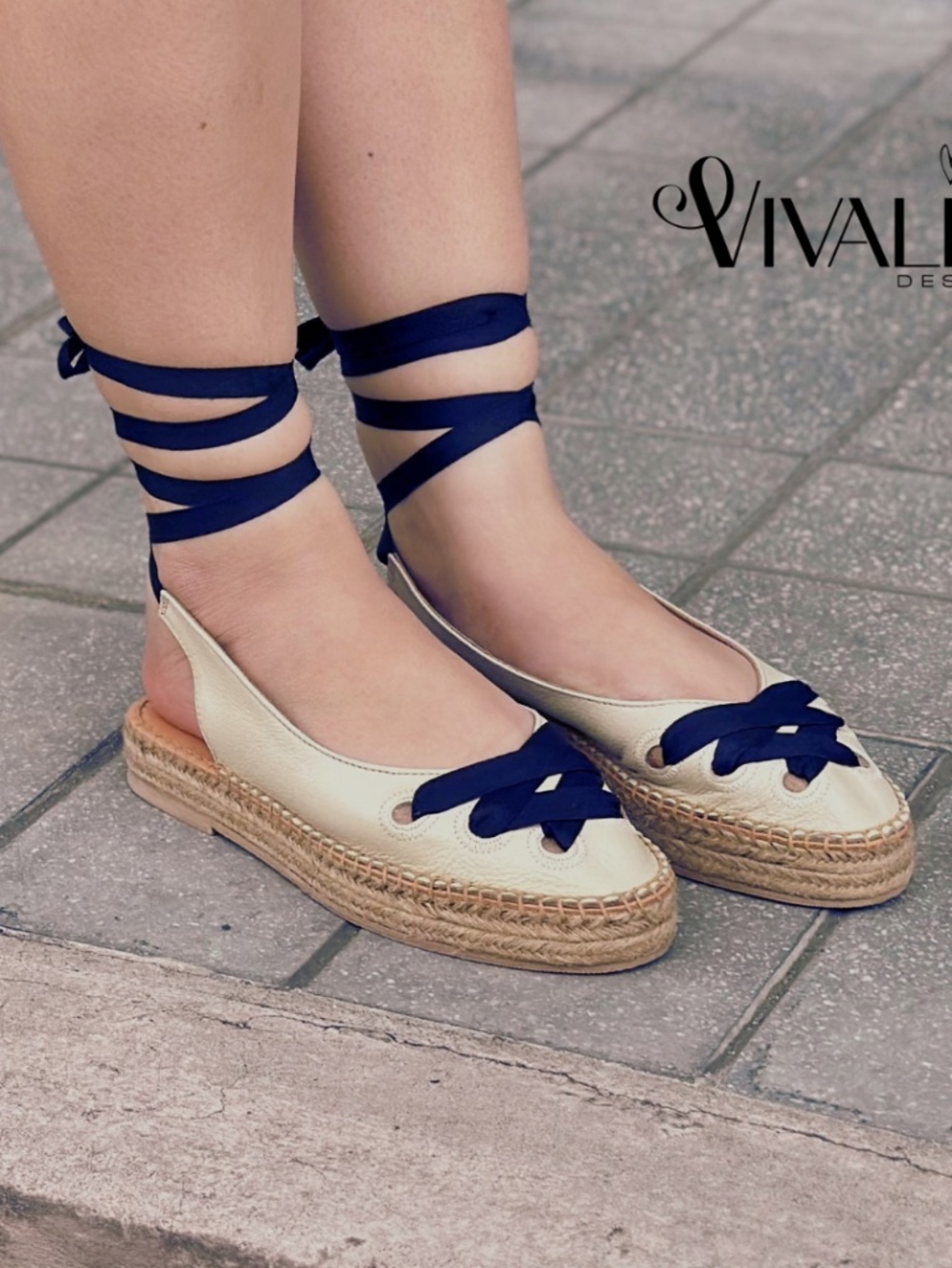 Vivalia Designs Ivory Leather & black Lace-Up Espadrilles | New